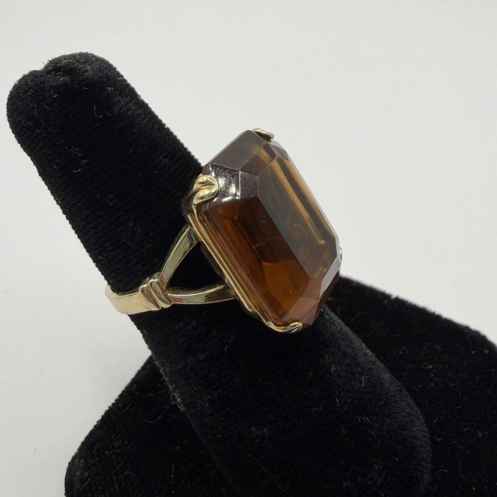 925 Sterling Vintage Avon Gold Emerald Cut Brown Crystal Statement Ring Size 7